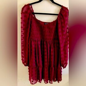 Burgundy Baby Doll mini dress, with puff long sleeves and elastic upper body.